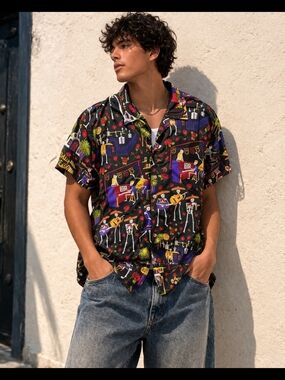 David Carey Originals Shirt Large Skeleton Mariachi Roses Button Up Black
